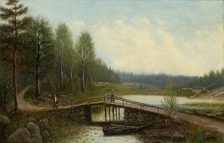 Otto Hesselbom, Landskap med figurer vid bro.