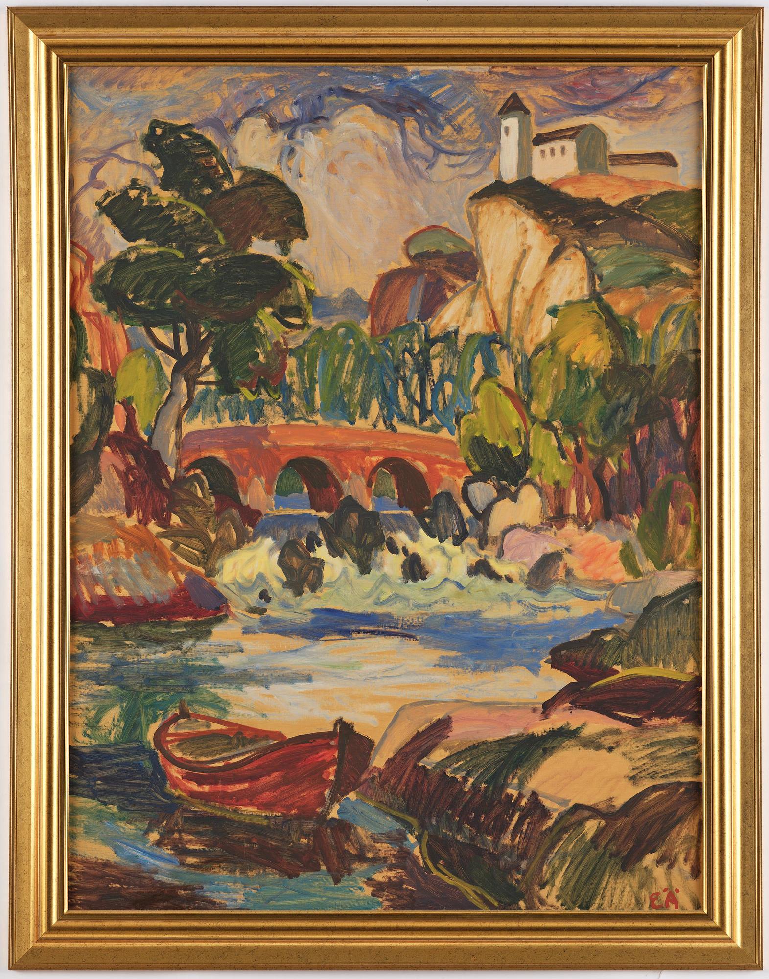 Erling Ärlingsson, Southern landscape with a bridge and church on a cliff.