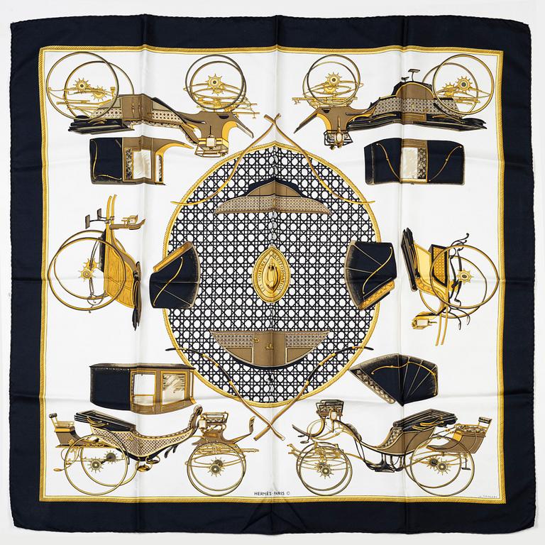 Hermès, a 'Les Voitures à Transformation' silk scarf.