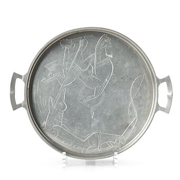 241. Gösta Adrian-Nilsson, an engraved pewter tray, Astrid M Aagesen, Helsingborg Sweden 1920-30's.