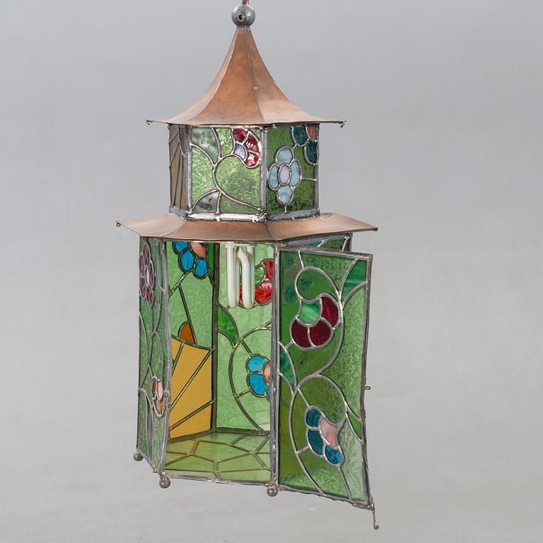 Lampa, koppar, blyinfattat glas, 1940-tal.