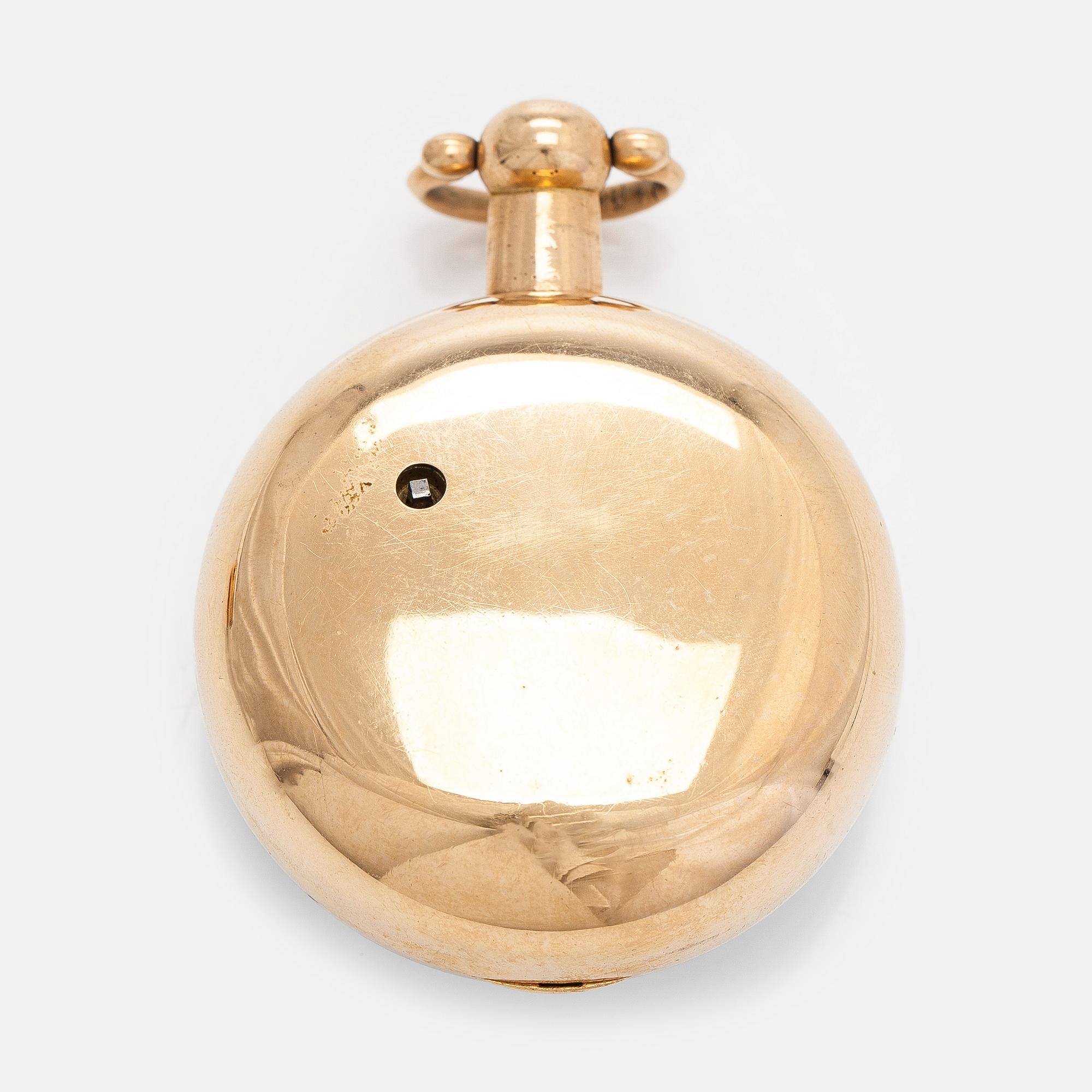 Taskukello, 52 mm, 18K kultaa, John Moncas, Liverpool, 1800-luvun ensimmäinen puolisko.
