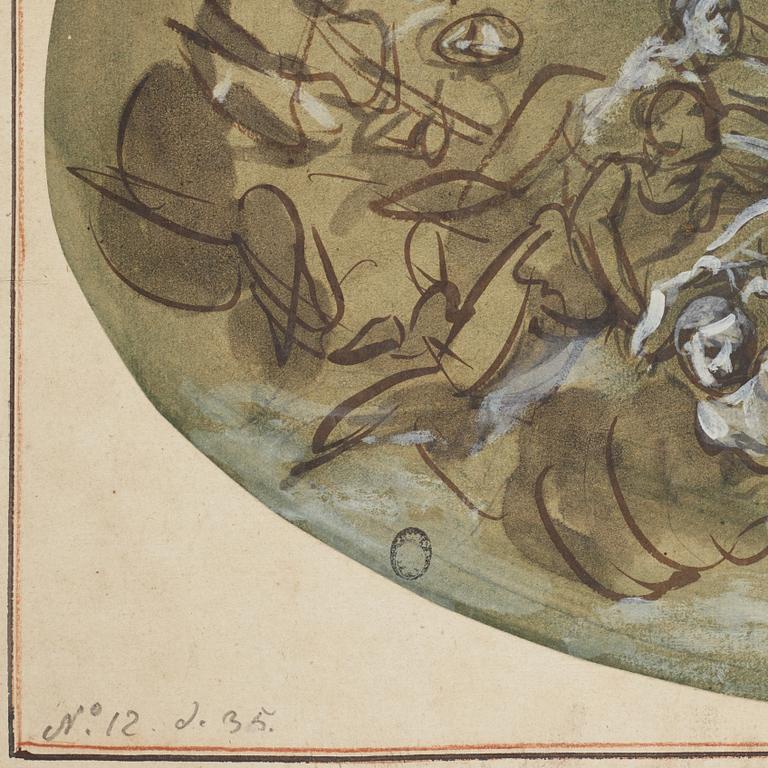 JOSEPH FRANÇOIS PARROCEL, hans krets. Oval. Osignerad. Tusch och täckvitt, bildyta 24,5 x 41 cm.