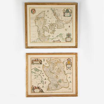 Johannes Janssonius, a hand-colured 17th Century map of Denmark and Scania.