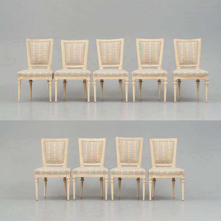 A set of nine Gustavian chairs by A Hellman (master in Stockholm 1761-94) and E Ståhl (master in Stockholm 1794-1820).
