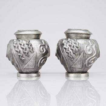 Anna Petrus, a pair of lidded pewter 'Profilvasen' jars, Svenskt Tenn, Stockholm 1980.