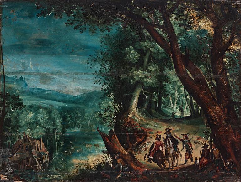 David Vinckboons Follower of, An extensive landscape with hunters.