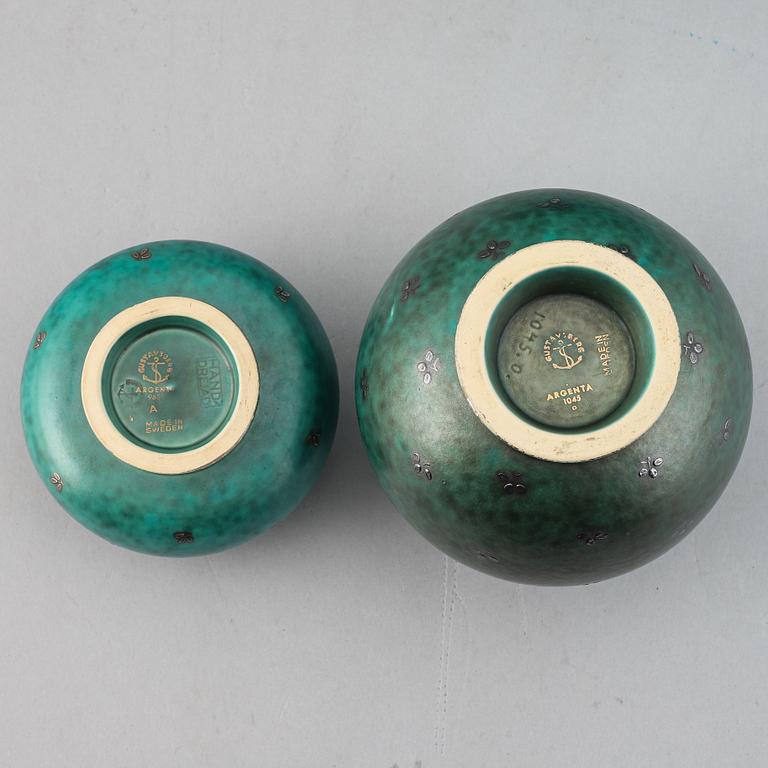 Wilhelm Kåge, two 'Argenta' stoneware vases and a dish, Gustavsberg.