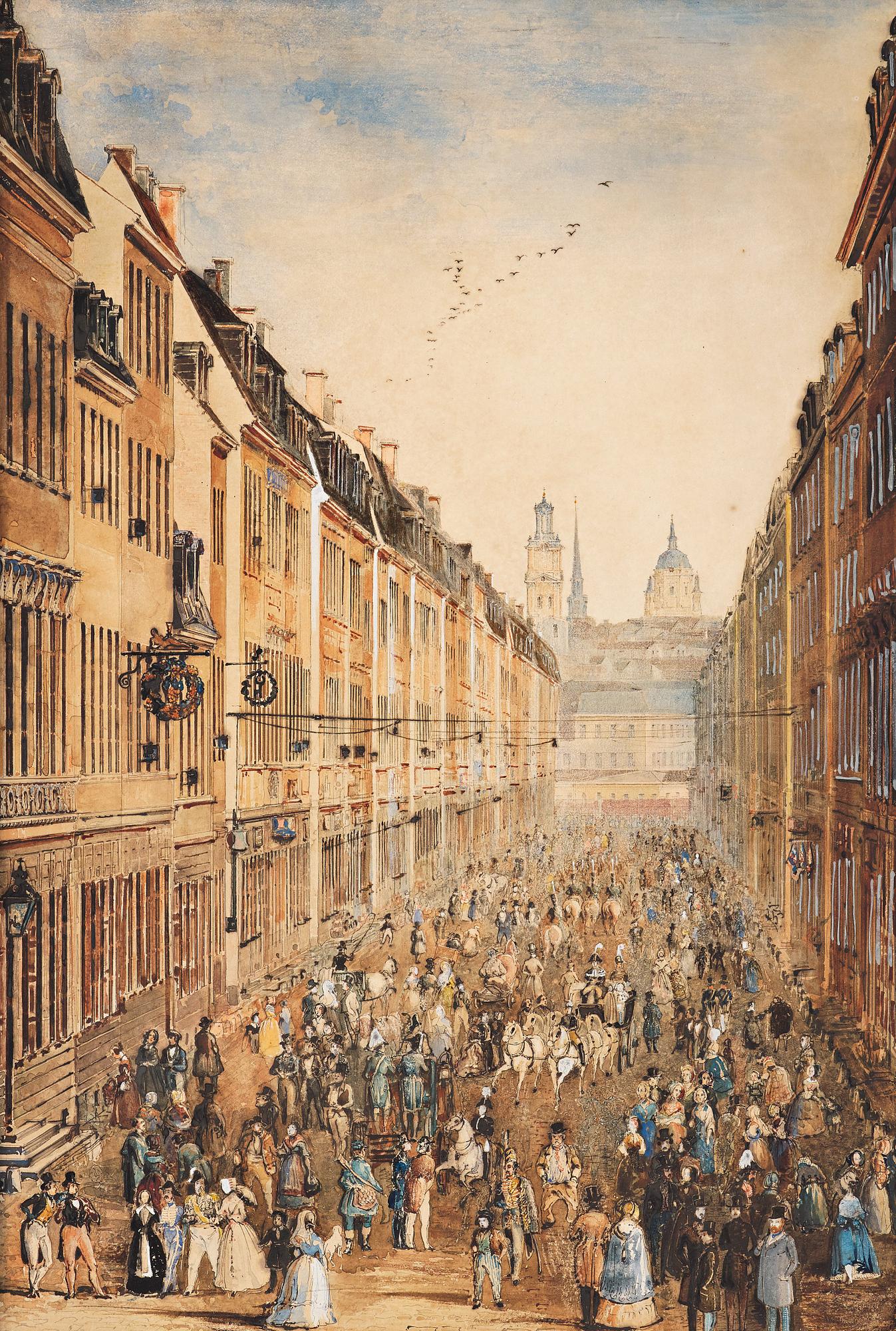 Ferdinand Tollin, Vy ifrån Drottninggatan, Stockholm från Fredsgatan mot Gamla stan med en kunglig procession.