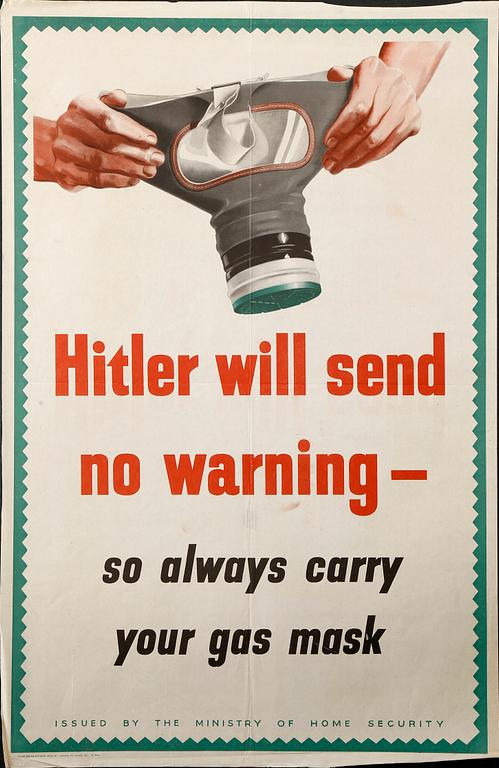 KRIGSAFFISCH, Hitler will send no warning, England 1940-tal.