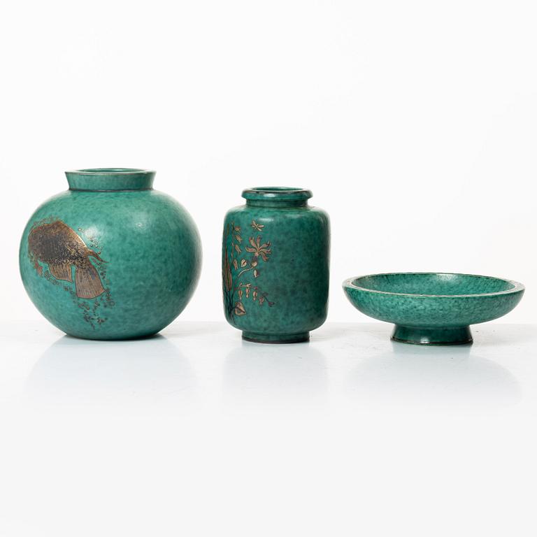 Wilhelm Kåge, two 'Argenta' vases and a bowl, Gustavsberg, 1930s/40s.