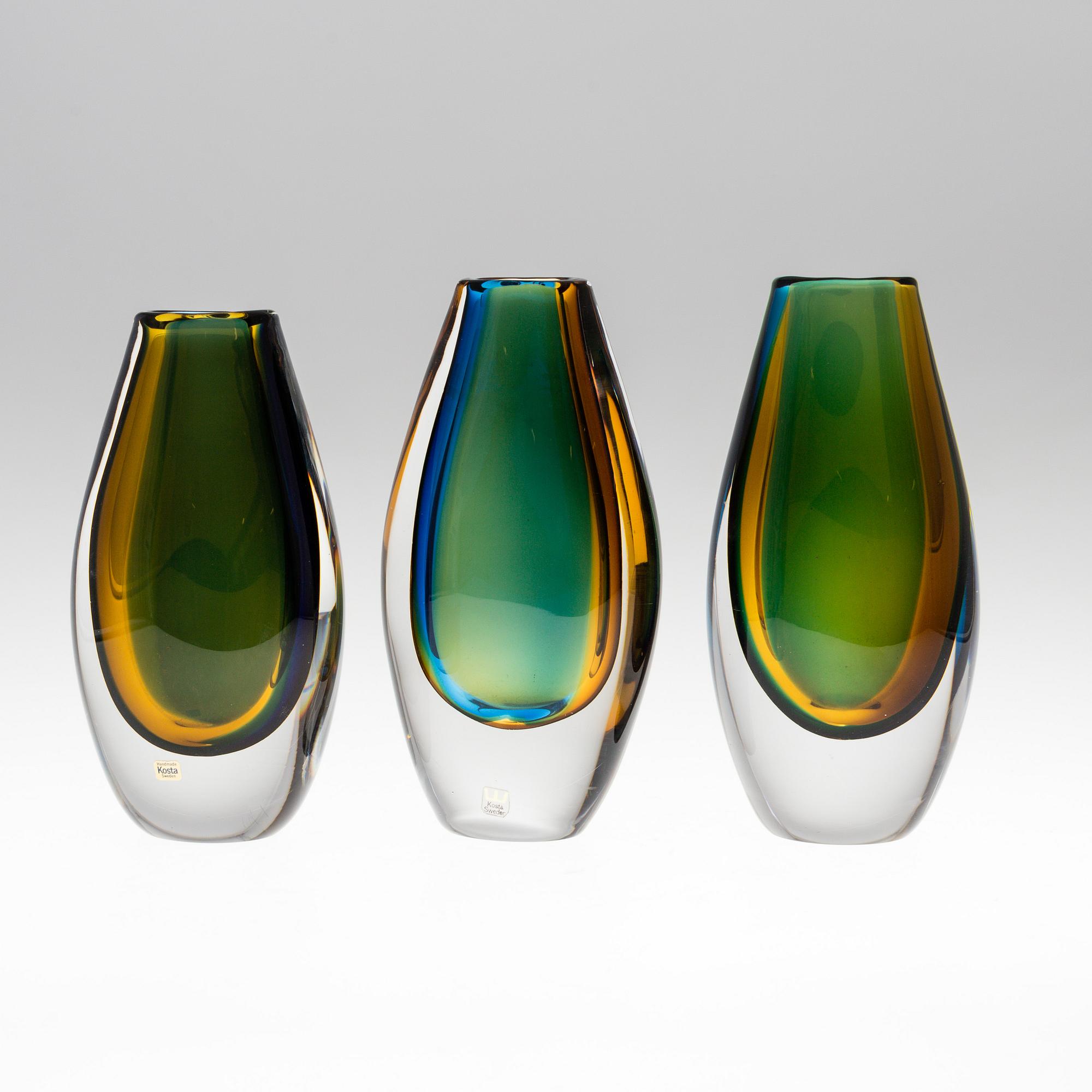 VICKE LINDSTRAND, three glass vases from Kosta.