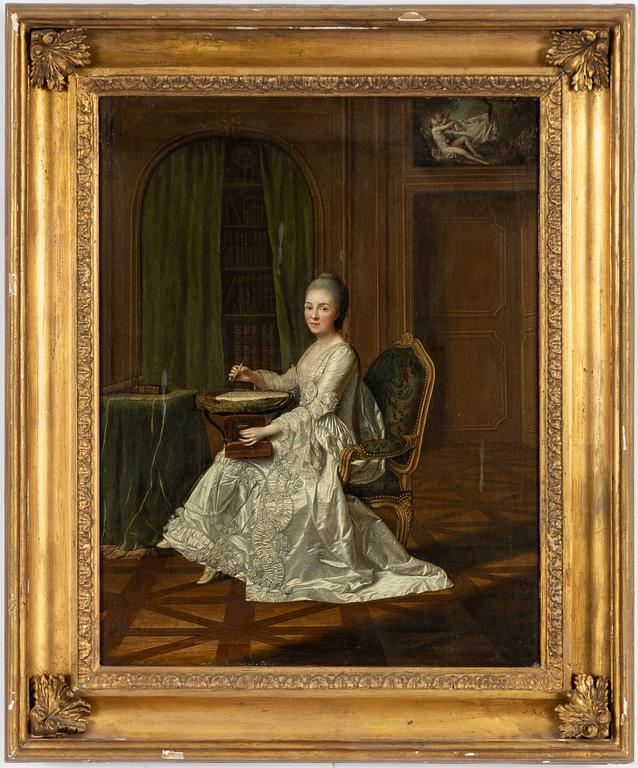 Unknown artist, 17th/18th century, Salon interior with a woman embroidering.