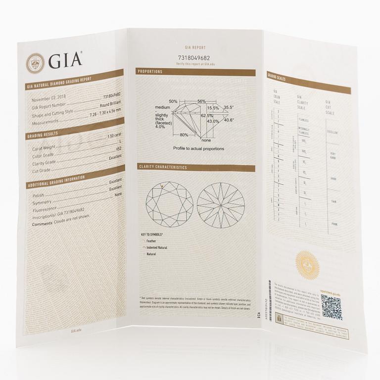 Round brilliant-cut diamond 1.50 ct, accompanied by a GIA report.
