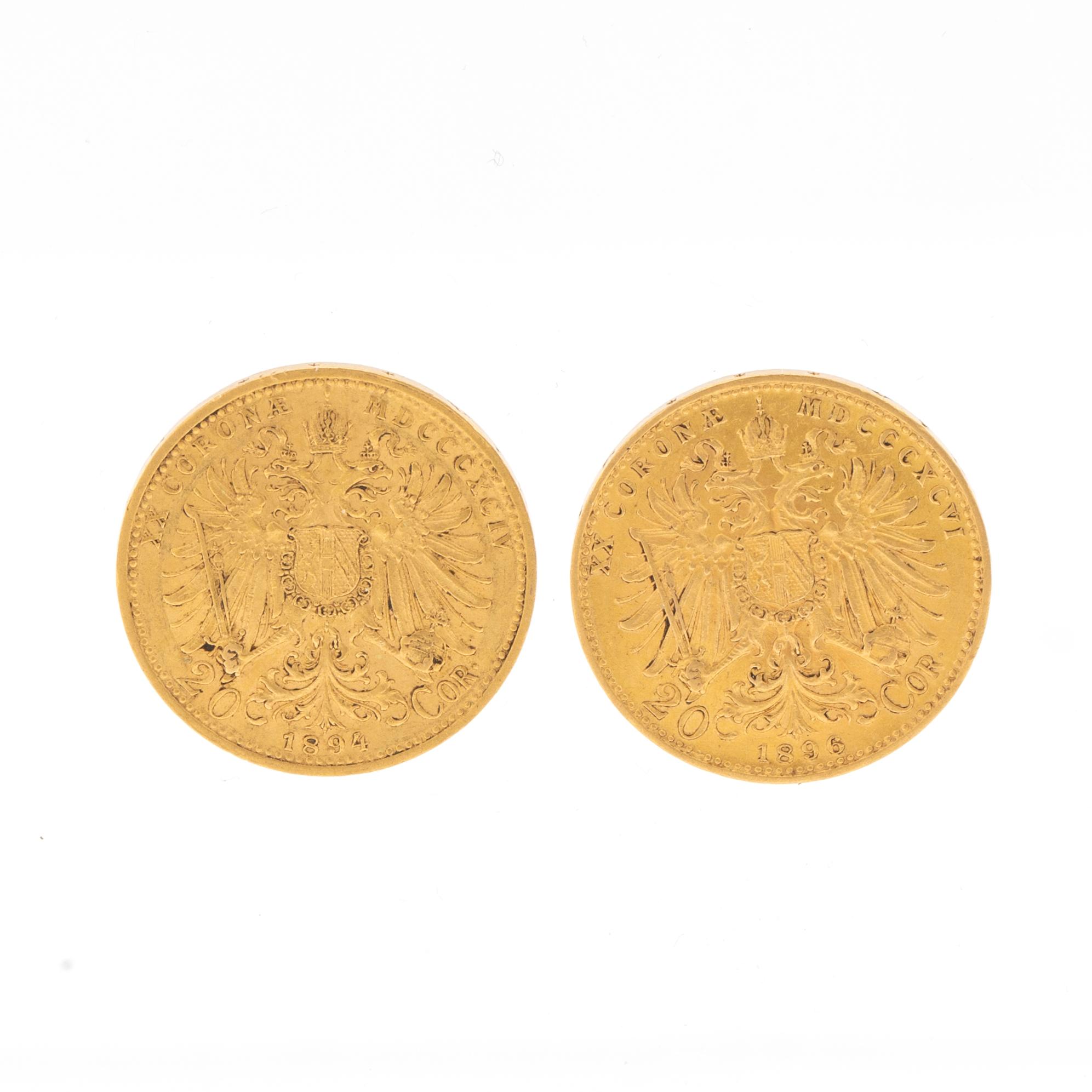 Mynt 2 st 20 Coronae guld, Österrike-Ungern 1894 och 1896.