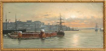 Okänd konstnär 1800/1900-tal,  Solnedgång över hamn.