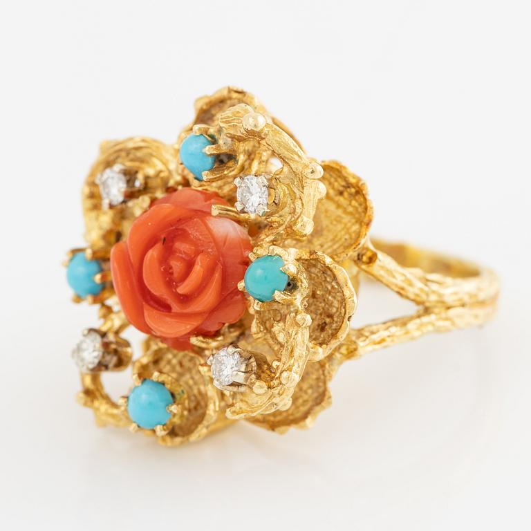 Ring, 18K gold with carved coral in the form of a rose, turquoise, and brilliant-cut diamonds.