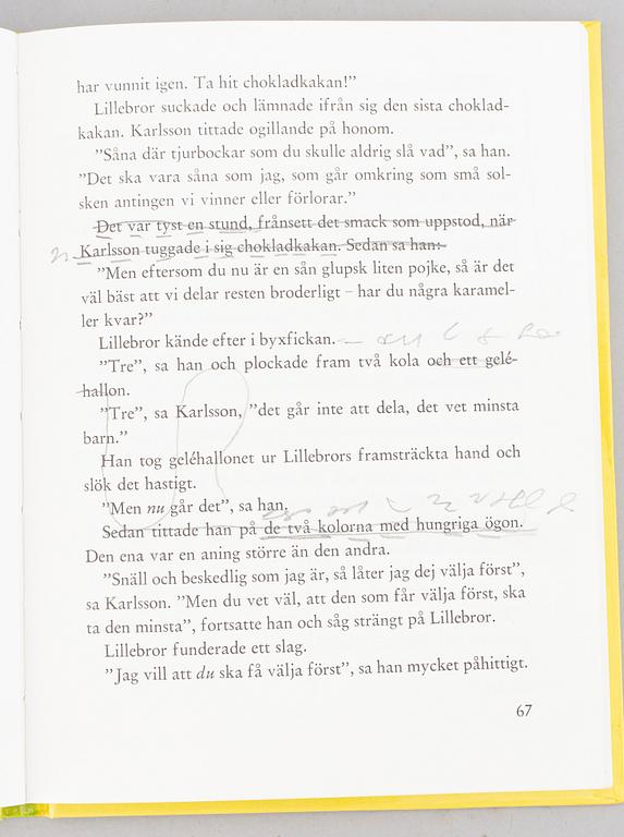 BOK, "Lillebror och Karlsson på taket", Signerad samt stenograferad.