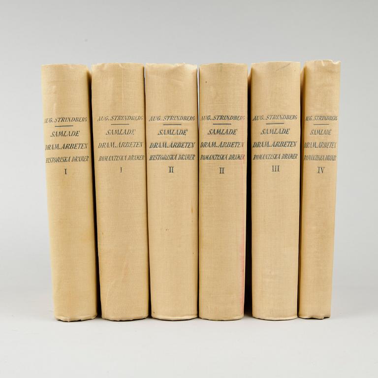 BOKVERK, 4+2 vol, "Samlade dramatiska arbeten: Romantiska dramer I-IV. Historiska dramer I-II", A. Strindberg, Stockholm 1903-04.