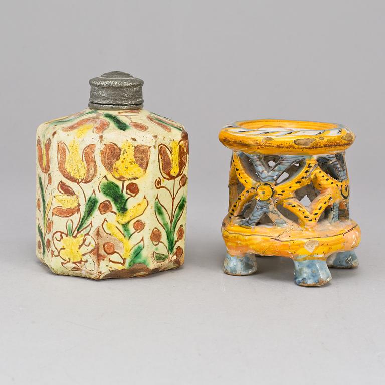 A majolica salt and a tea caddy, part Italian, 18th Century.