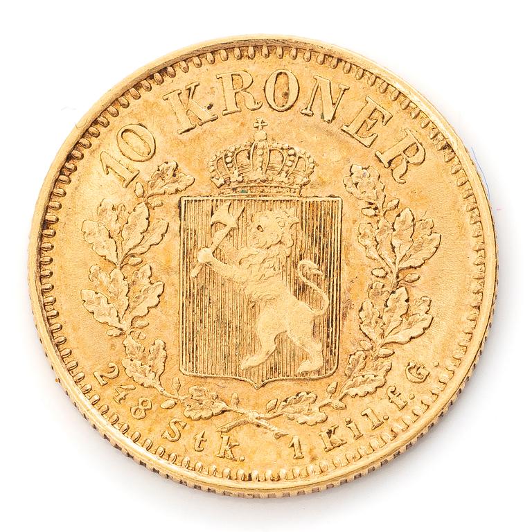 Guldmynt, Norge, Oskar II 10 kroner, 1902.