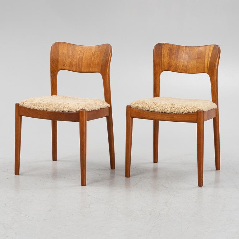 Niels Koefoed, a set of six teak dining chairs upholstered in new sheepskin, Denmark, 1960's.