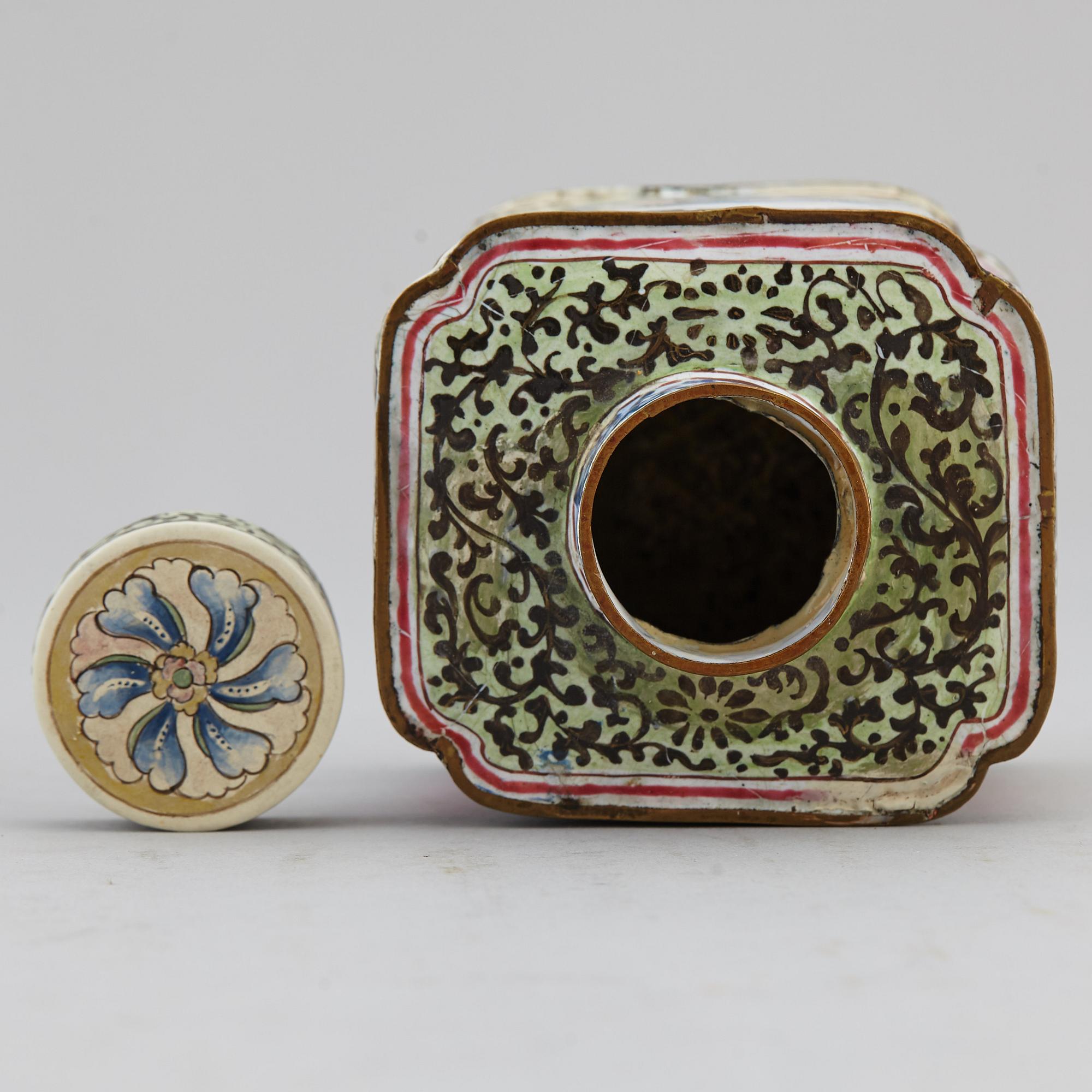 An enamelled caddy with cover and a dish, Qing dynasty, 18th century.