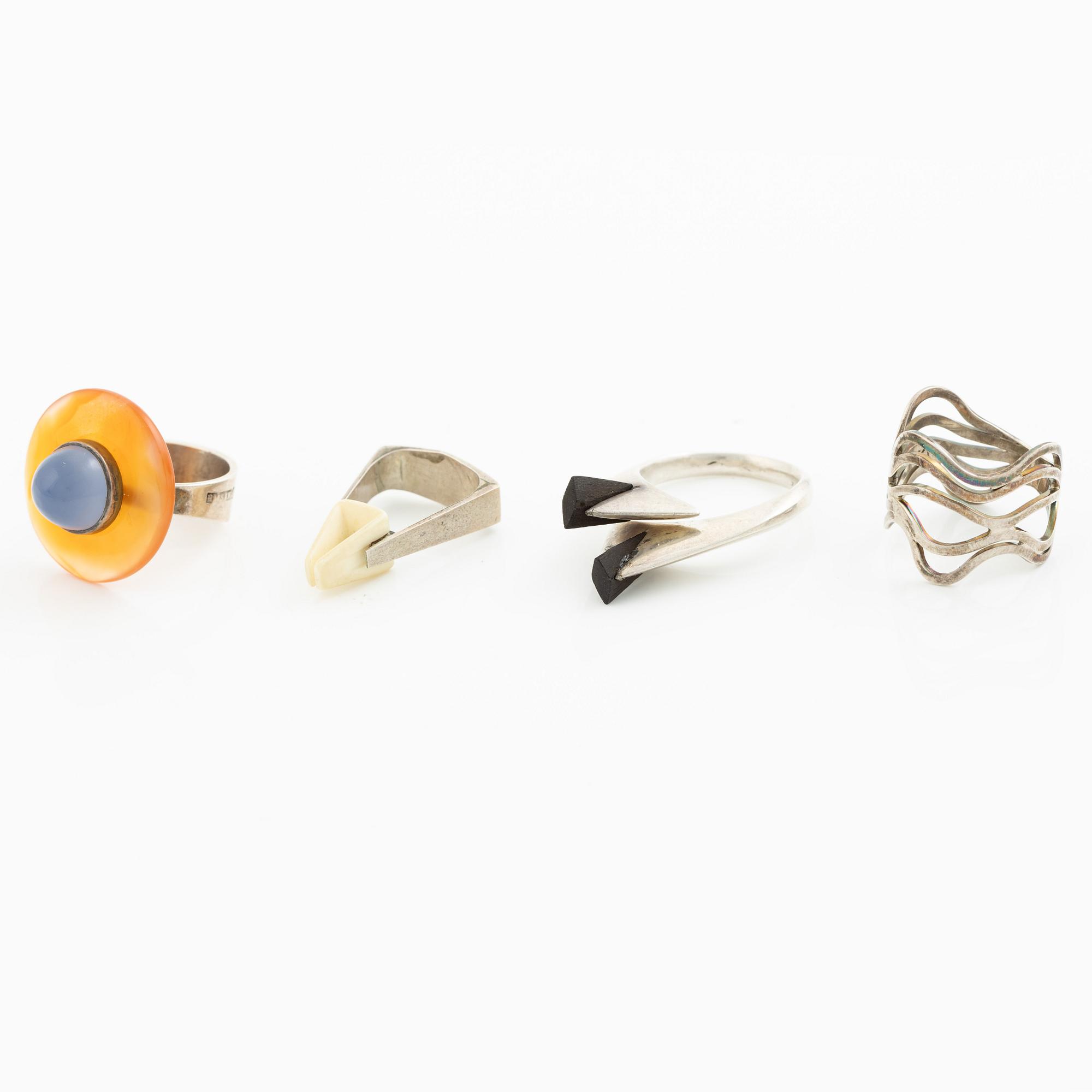 Four rings, silver and including carnelian, among others Cecilia Johansson, Gothenburg 1968.