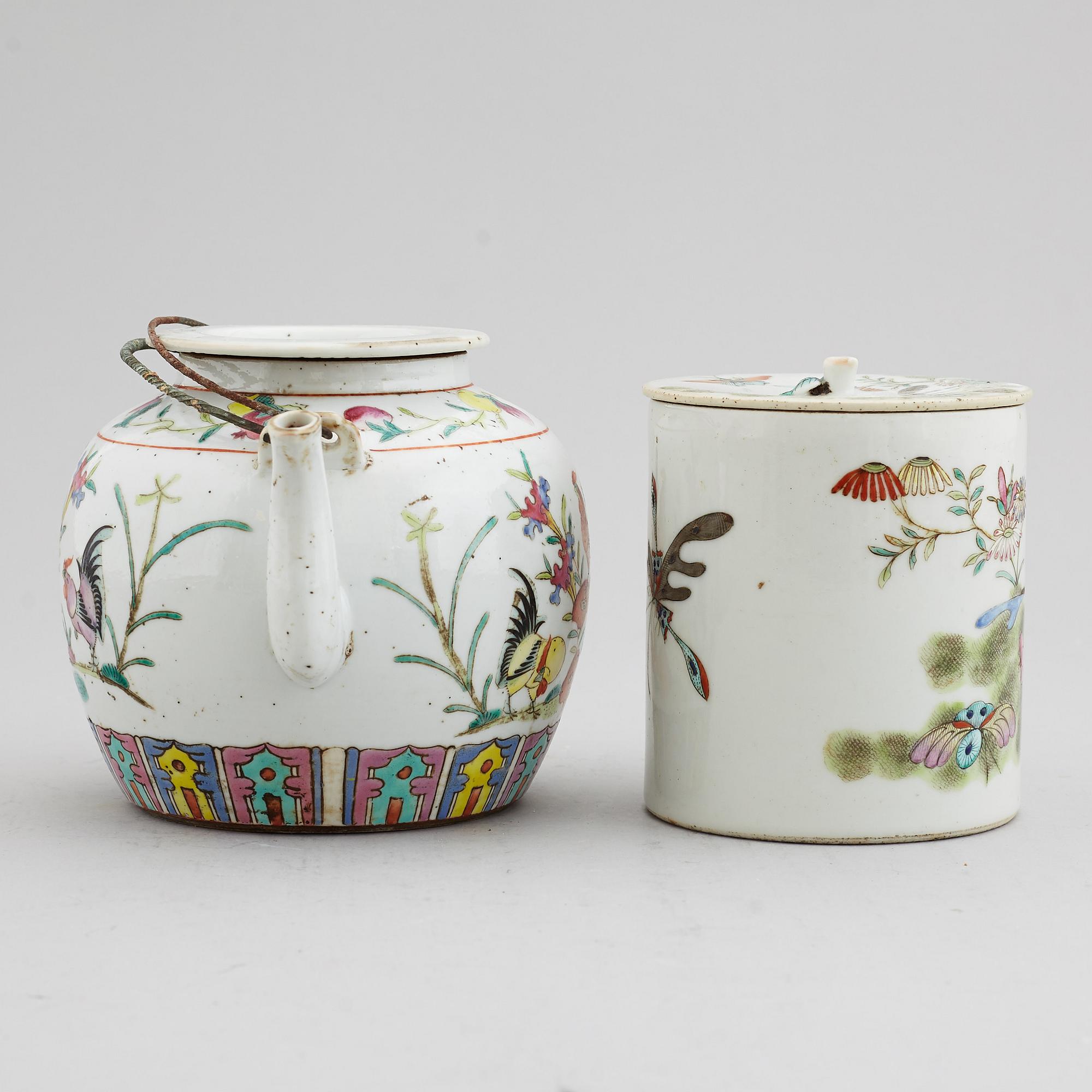 A famille rose table lamp made out of a lantern, and a teapot, dish and jar, late Qing dynasty.