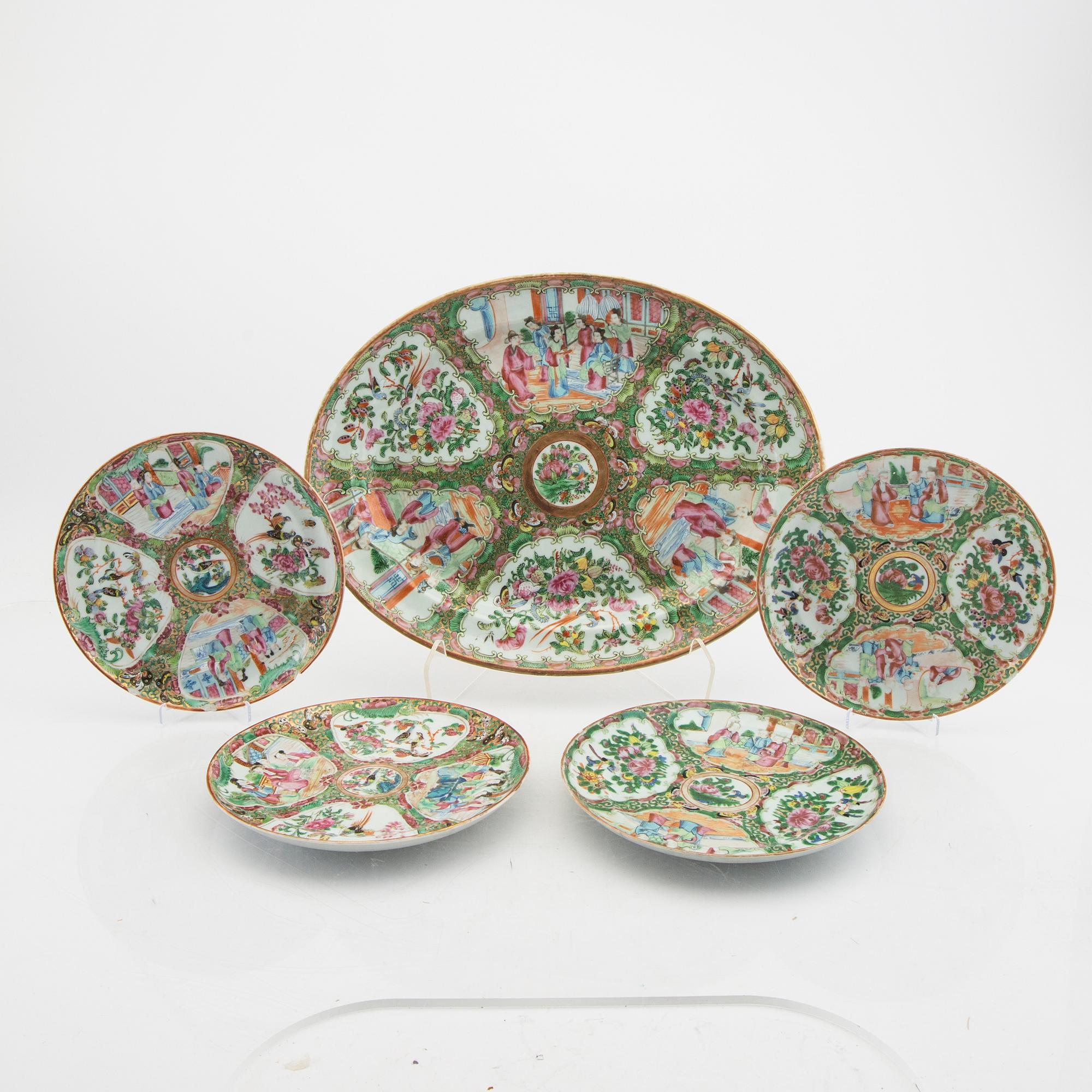 Fat samt tallrikar 4 st Kina Kanton 1800-talets senare del porslin.