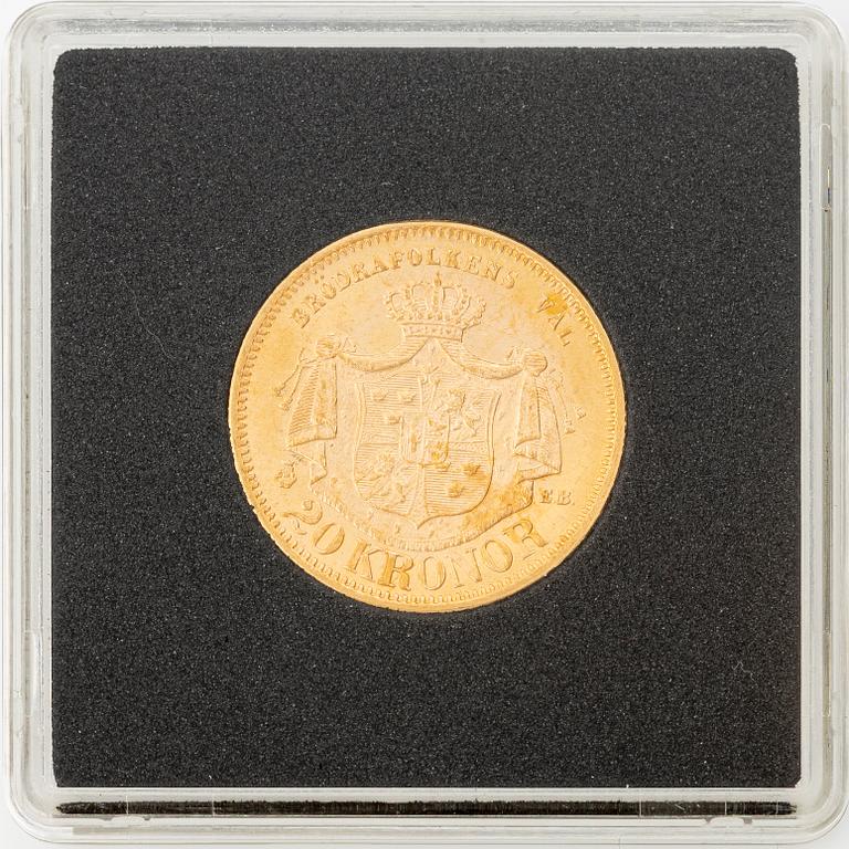 Guldmynt, Oscar II, 20 kronor, typ II, Sverige 1877.