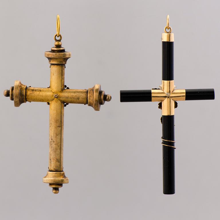 KORS / HÄNGEN, 2 st, 14K guld, pärlor och svart blyglas.