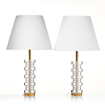Carl Fagerlund, two glass and brass table lamps, model "RD 1986", Orrefors Sweden, 1960-70s.