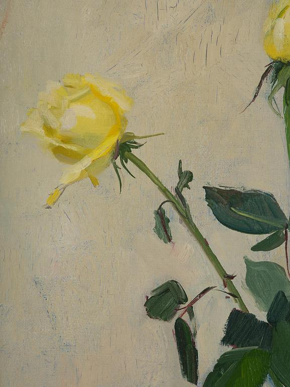 Olle Hjortzberg, Yellow roses in a glass vase.