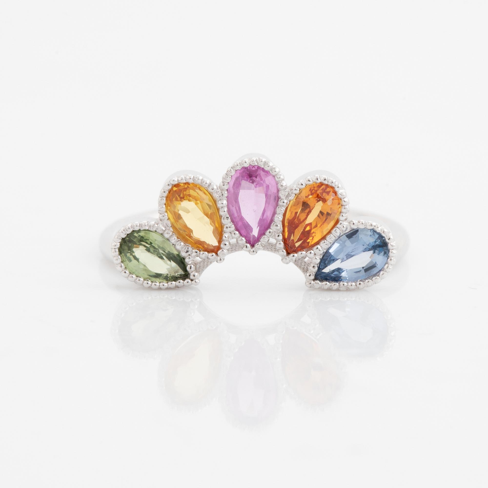 Pear shaped multi coloured sapphire ring.