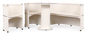 A Hans Günther Reinstein sofa, 2 chairs and a table, corrugated cardboard and wood, Germany or Austria.