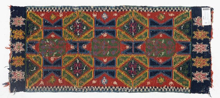 A carriage cushion, double-interlocked tapestry, c. 102 x 48 cm, Scania, Sweden, last quarter of the 18th century.
