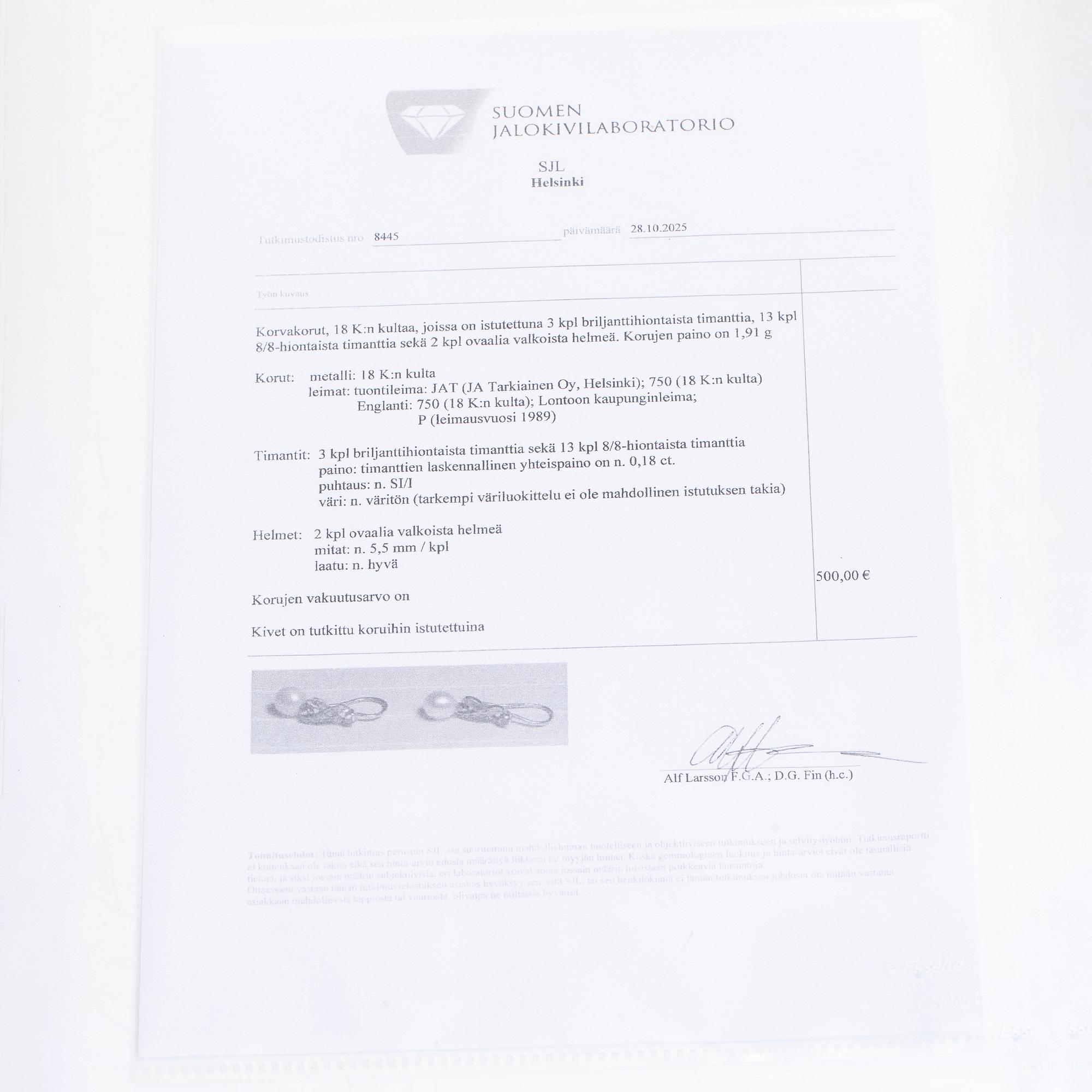 Earrings, cultured pearls, brilliant- and 8/8-cut diamonds, 18K gold.