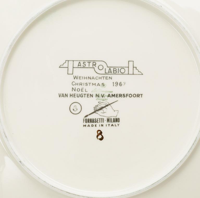 A set of three Piero Fornasetti 'Astro Labio' porcelain plates and six gilded dishes, Milan, Italy.