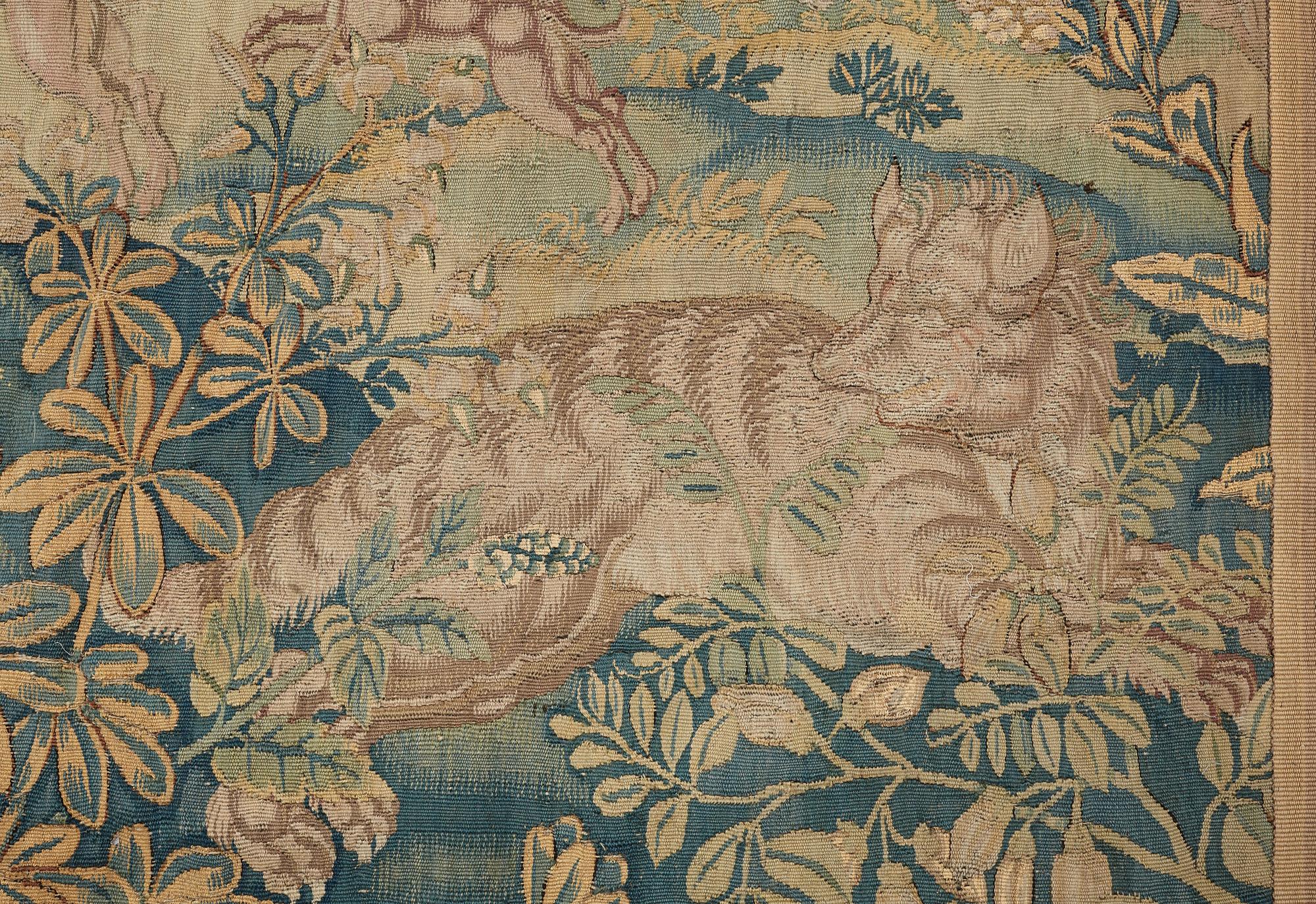 VÄVD TAPET, gobelängteknik, ca 191,5 x 220,5 cm, Flandern 1500-tal. Järnstång medföljer.
