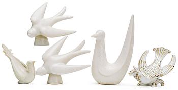 A set of five Gunnar Nylund stoneware figures of birds, Rörstrand.