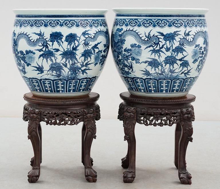 A pair of large blue and white fish basins/flower pots, late Qing dynasty, circa 1900.