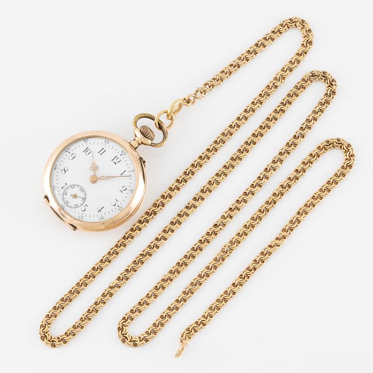 Pocket watch, 14K gold with chain, 32 mm.