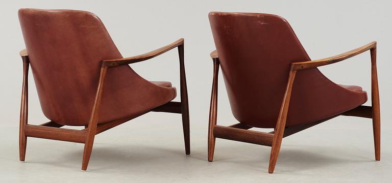 A pair of Ib Kofod Larsen palisander and brown leather 'Elisabeth' easy chairs, Christensen & Larsen, Denmark 1950-60's.