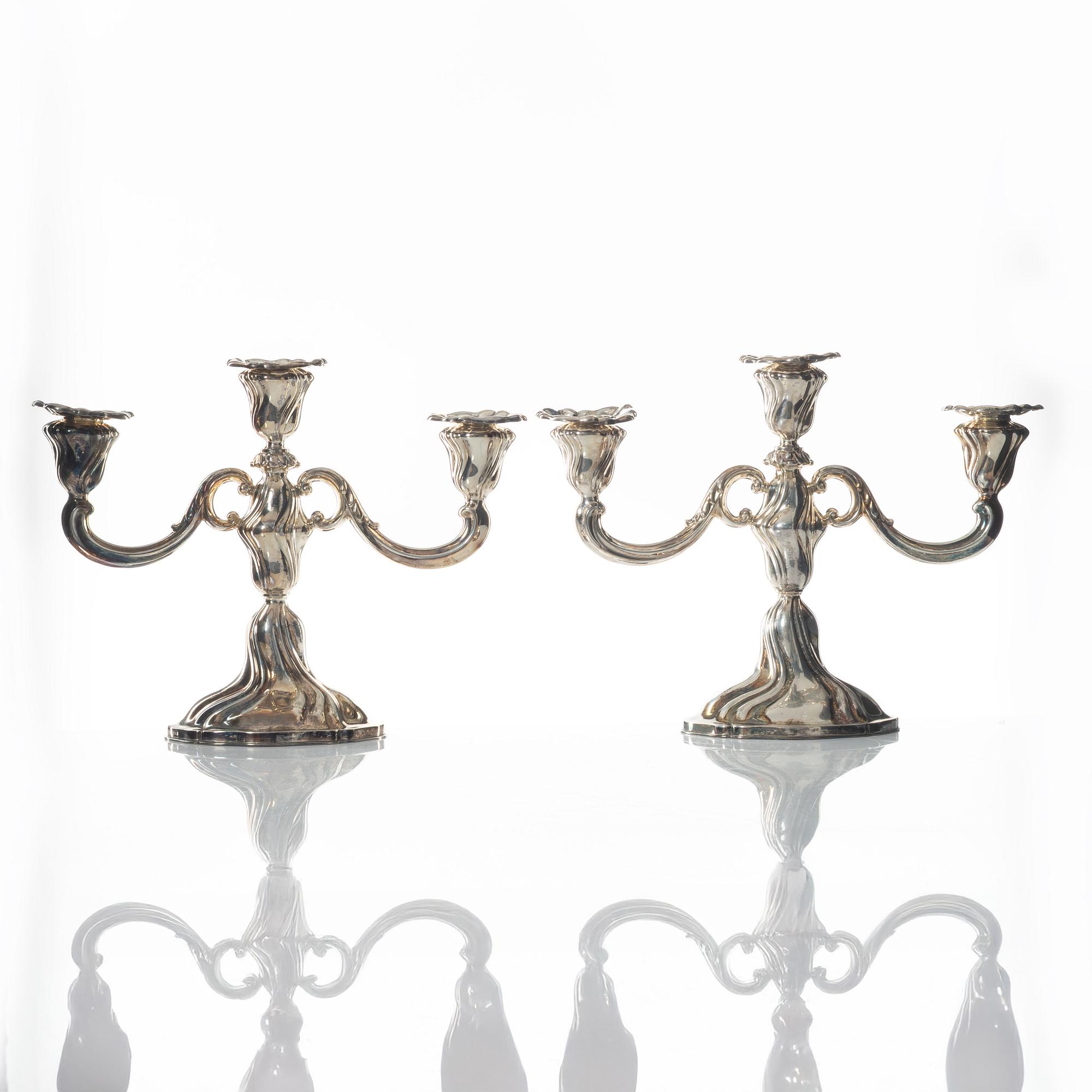 Bruckmann & Sohne, candelabras, a pair, silver, Rococo style, Heilbronn, Germany, 20th century, Swedish import mark.