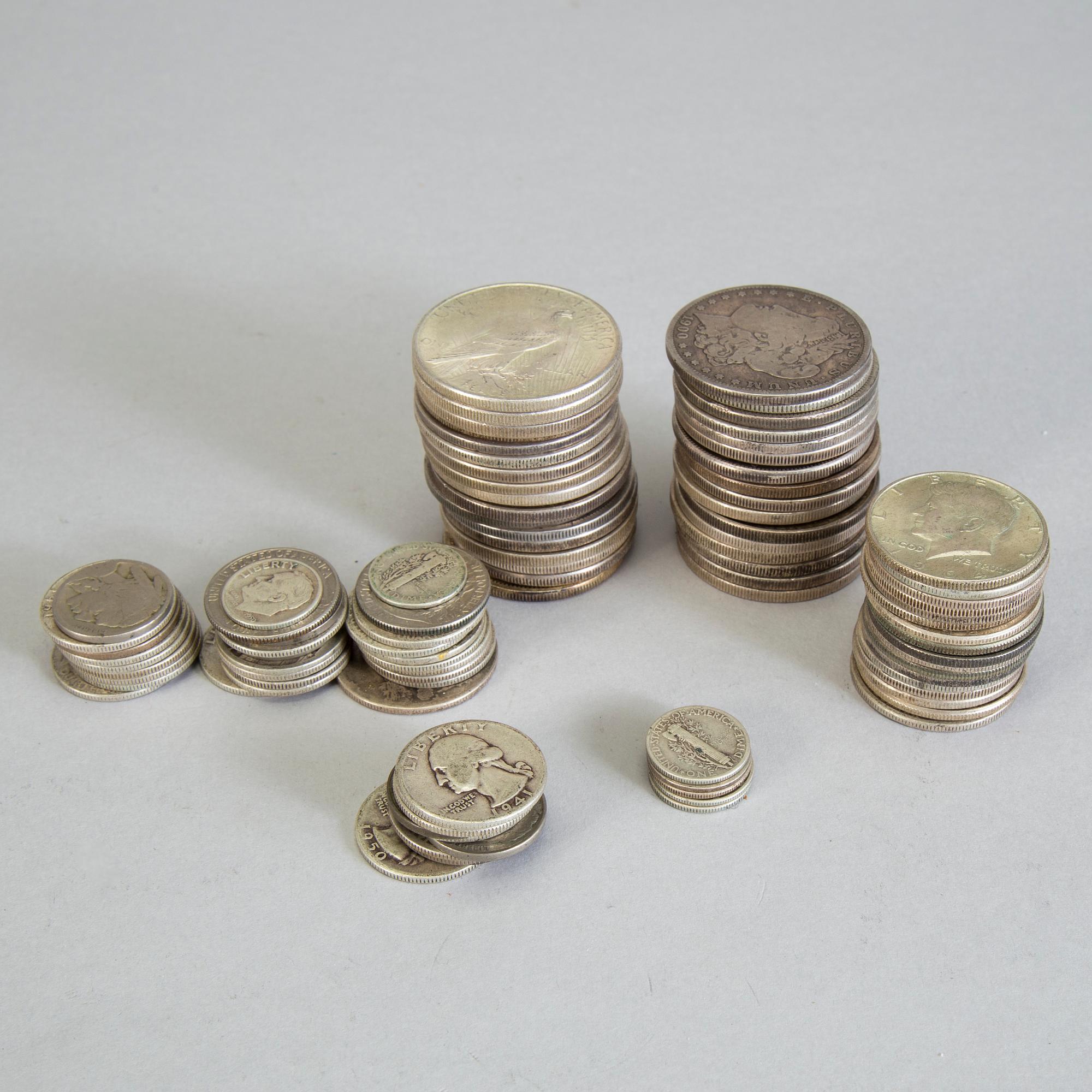 SAMLING MYNT FRÅN USA, mest 1 Dollar från 1878-1935. Tot ca 1039 gram.