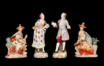 FIGURINER, 4 st, porslin, Meissen-liknande märkning, 1900-tal.
