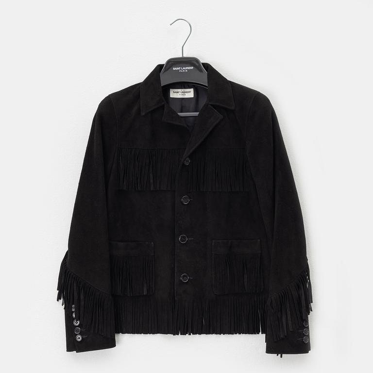 Yves Saint Laurent, a black goat suede fringe jacket, size 34.