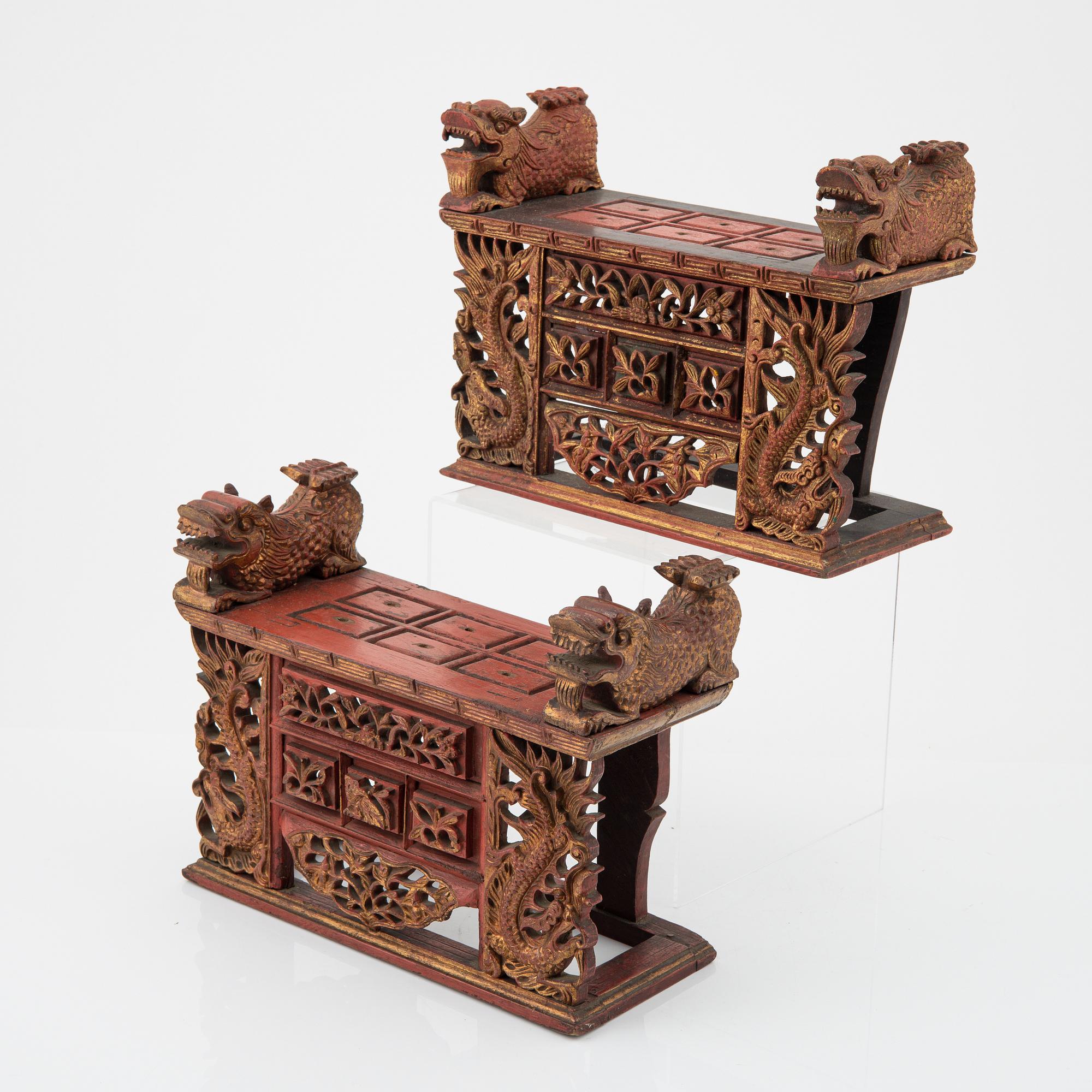 Two red lacquer and gilded altar tables, Indonesia, Jakarta, 20th Century.