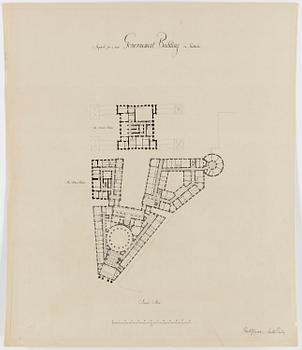 WOLTER GAHN/ISAC GUSTAF CLAESSON, teckning, ritningar, förslag till annex Riksdagshuset Stockholm, Mynttorget.